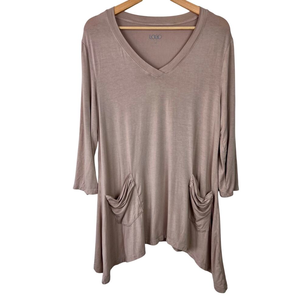 LOGO by Lori Goldstein Medium 3/4 Sleeve V-Neck Swing Tunic Top w/ Cowl Pockets